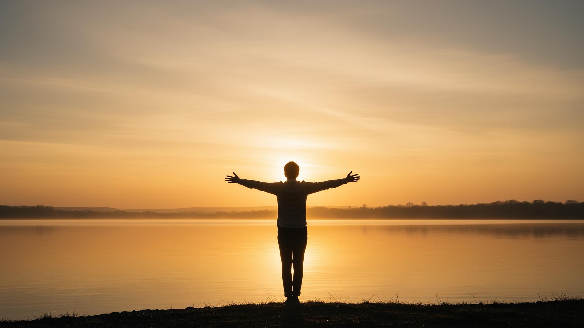 A person standing at sunrise with open arms, symbolizing hope and recovery
